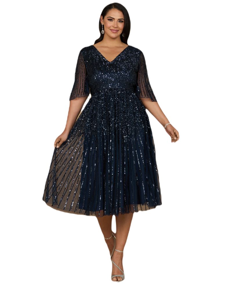 Women's Flowing, Sequin Midi Dress with Short Sleeves