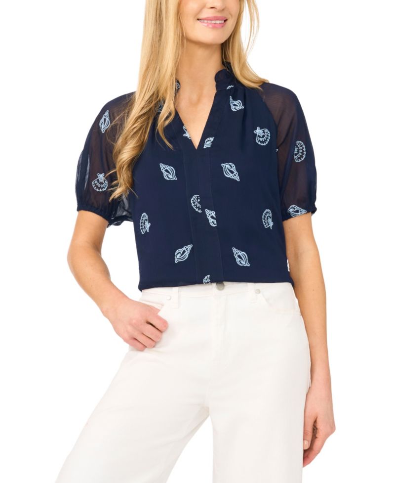 Women's Embroidered Split V-Neck Blouse