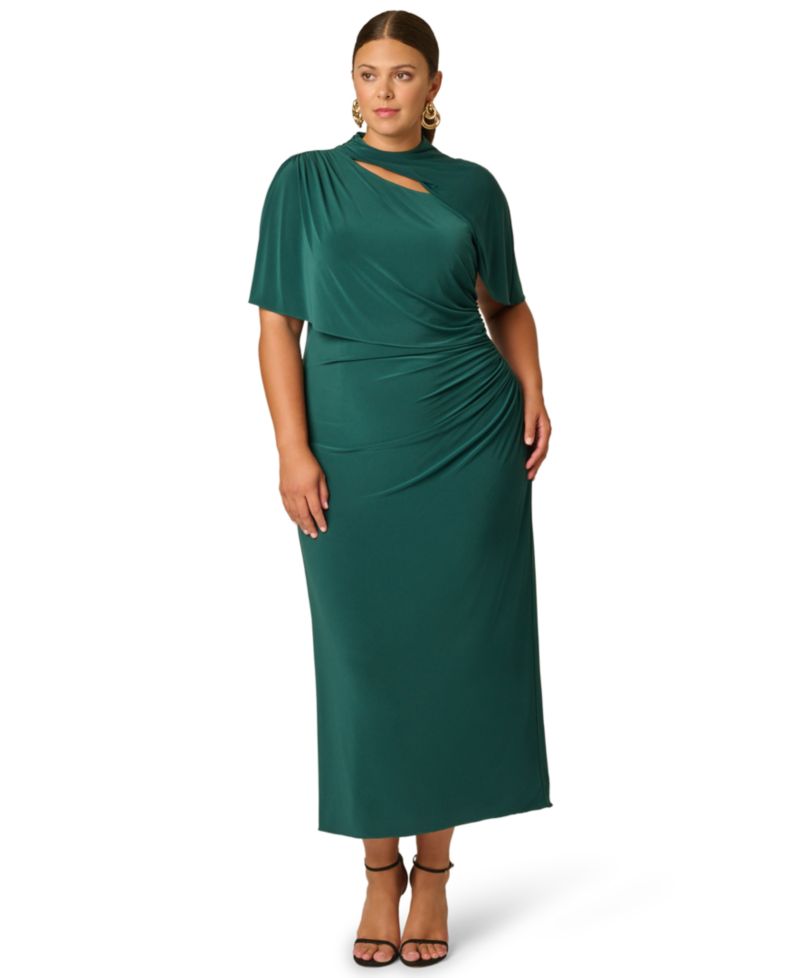 Plus Size Matte Jersey Short-Sleeve Cutout Mock Neck Capelet Dress
