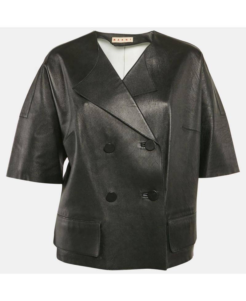 Women's Black Leather Double Breasted Short Jacket