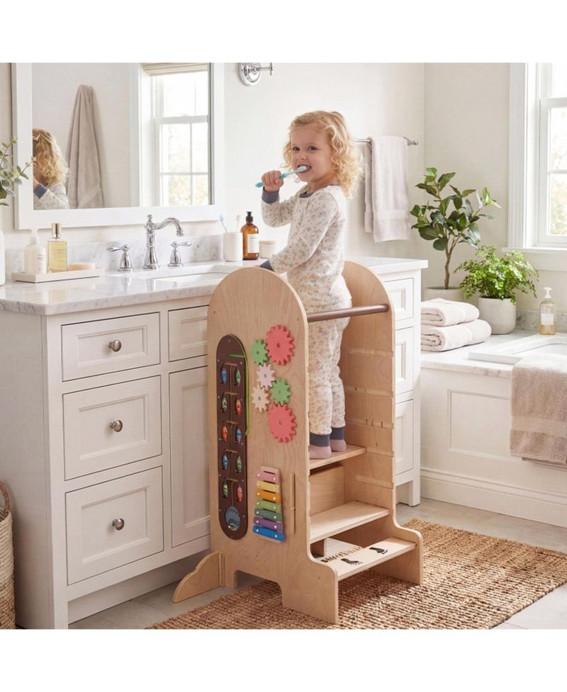 Kids 4-in-1 Adjustable Standing Tower with Chalkboard Slide and Montessori Games