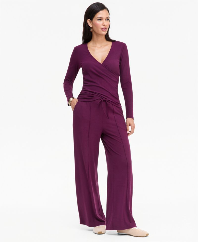 Women's Long-Sleeve V-Neck Side-Ruching Wrap Top