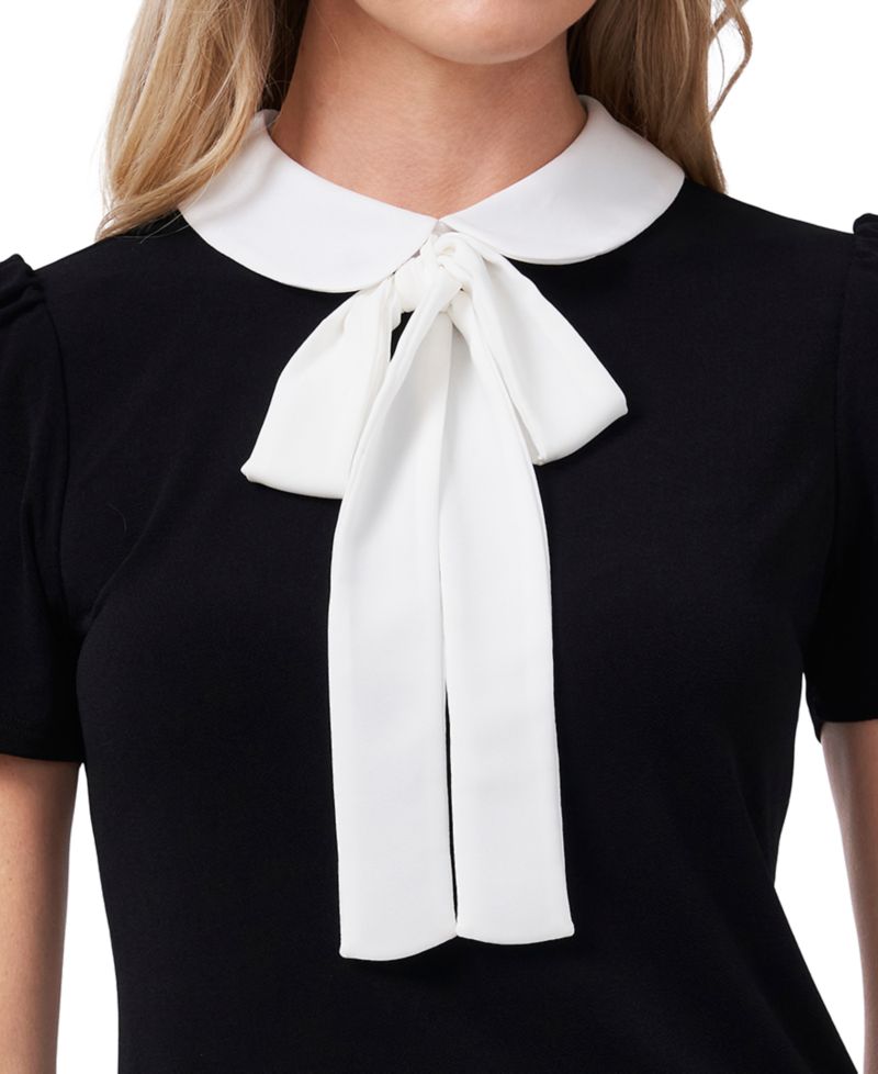 Women's Short Sleeve Collared Bow Neck Knit Top