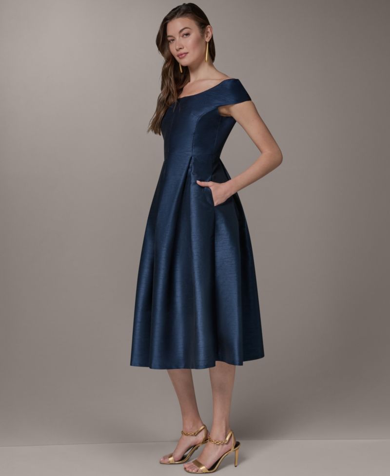 Women's Off-Shoulder Scoop Neck Jacquard Fit & Flare Midi Dress