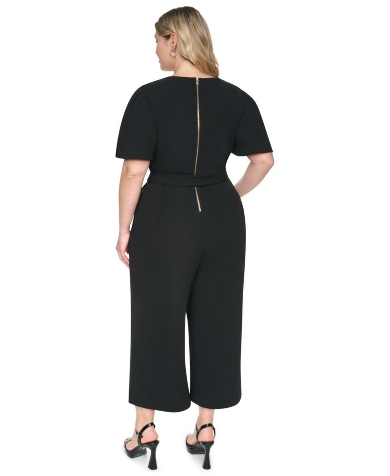 Plus Size Flutter Sleeve Wide-Leg Cropped Jumpsuit