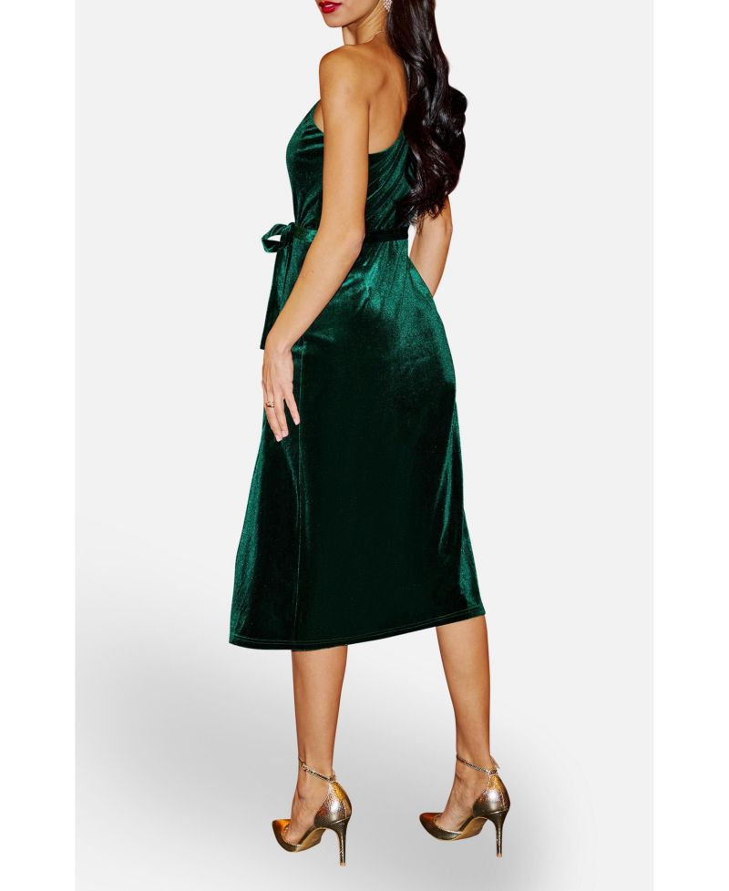 Women's Velvet Frill One Shoulder Midi Dress