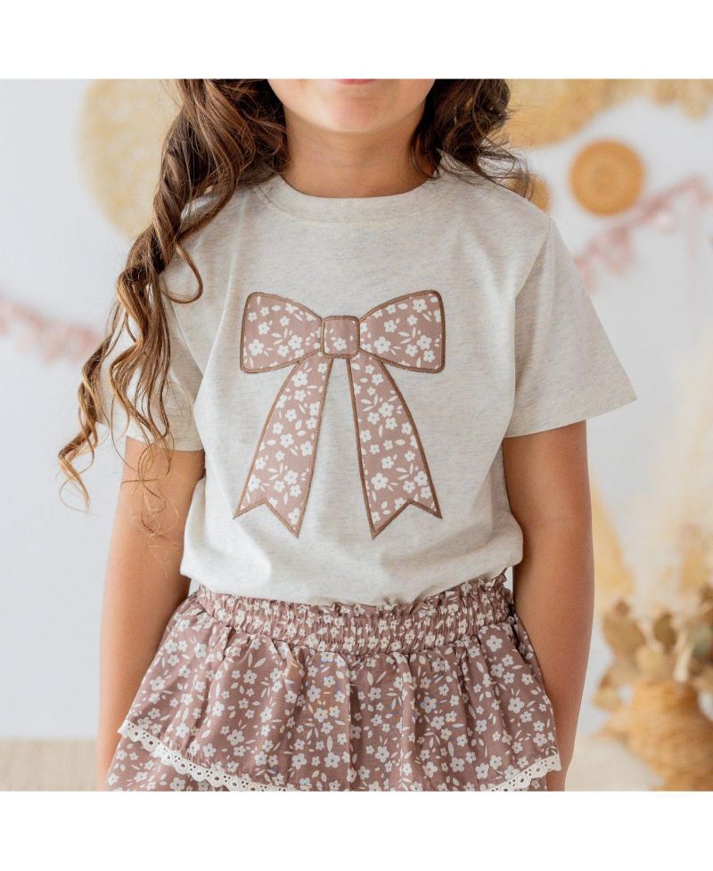 Big Girls 10- 12 Mocha Floral Bow Patch Short Sleeve T-Shirt