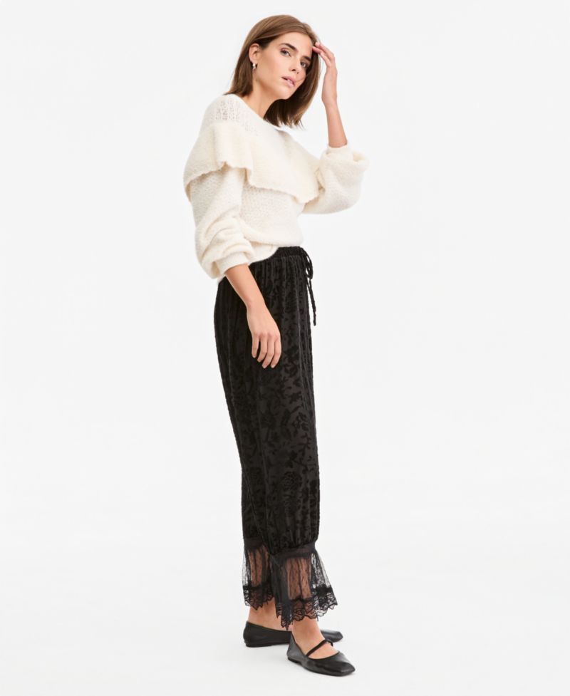 Women's Velvet Burnout Wide-Leg Lace-Trim Pants