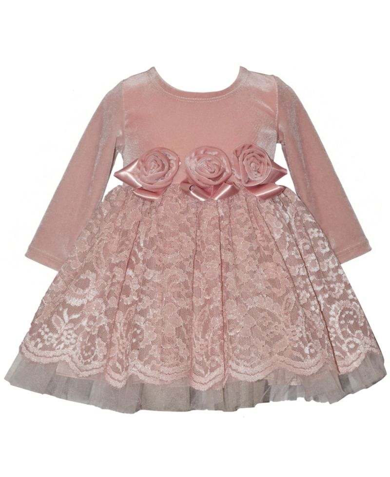 Girls' Embroidered Velvet Lace Long-Sleeve Dress with Diaper Cover, 2-Piece Set