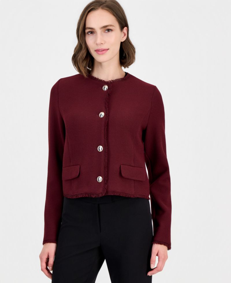 Women's Emmfilm Textured Stretch-Knit Fringe-Trim Jacket