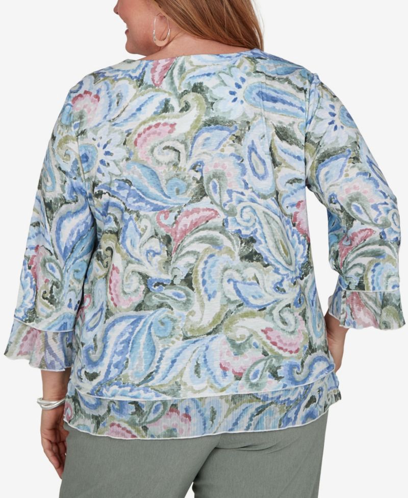 Plus Size Provence Paisley Woven-Trim 3/4-Sleeve Blouse