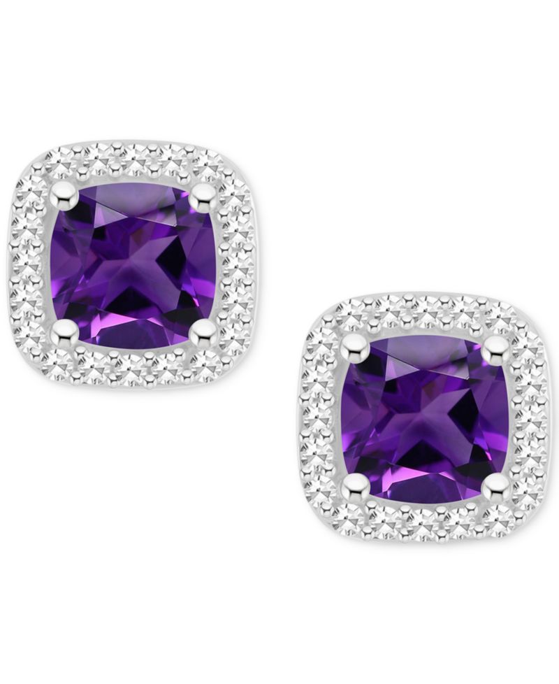 Amethyst (1 ct. t.w.) & Diamond (1/5 ct. t.w.) Cushion Halo Stud Earrings in Sterling Silver (Also in Citrine, Garnet, Peridot, & Blue Topaz)