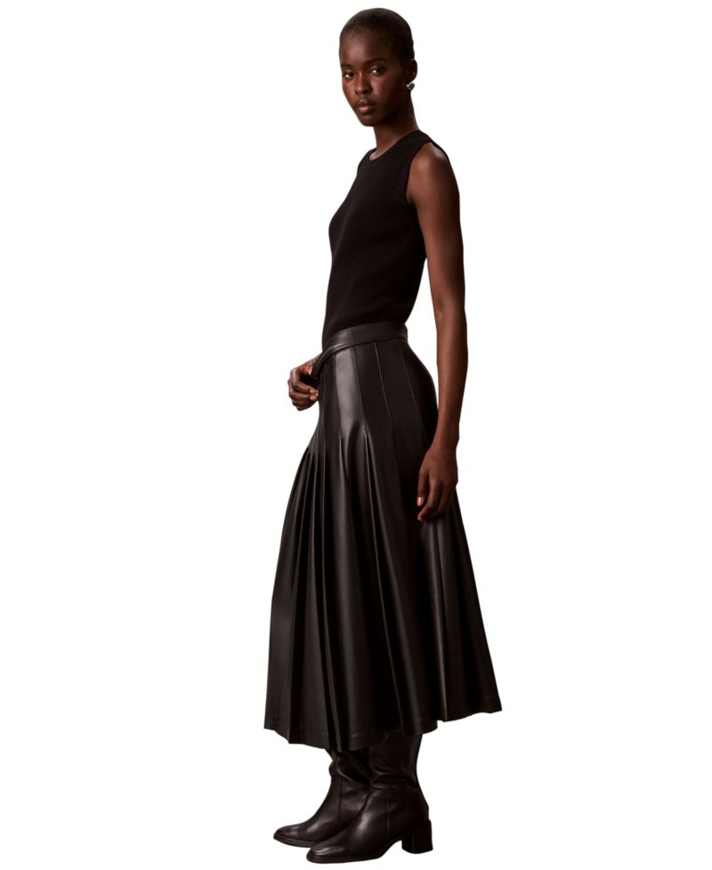 Women's Pleated Midi High-Waisted Faux Leather Skirt