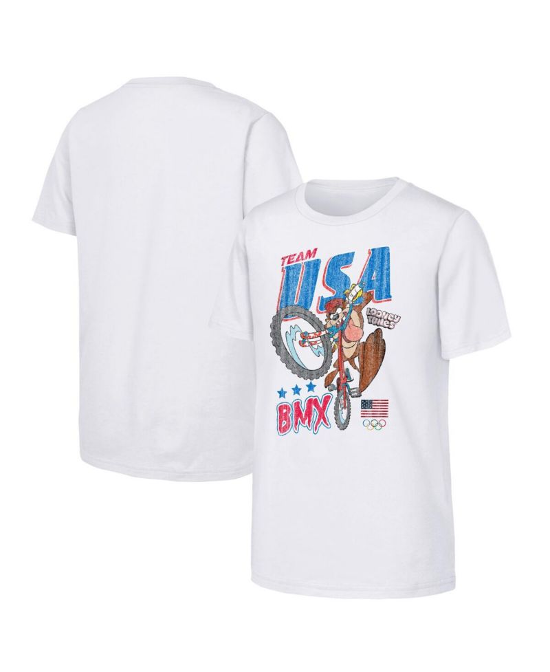 Big Boys and Girls Tasmanian Devil White Team USA Looney Tunes BMX T-Shirt