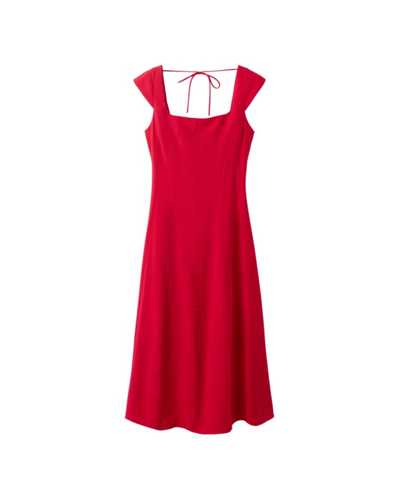 Women's Bow Back Square Neck Viscose-Blend A-Line Midi Dress