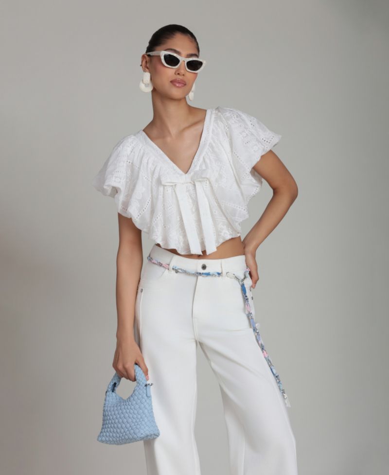 Women's V-Neck Tie-Detail Bubble Top