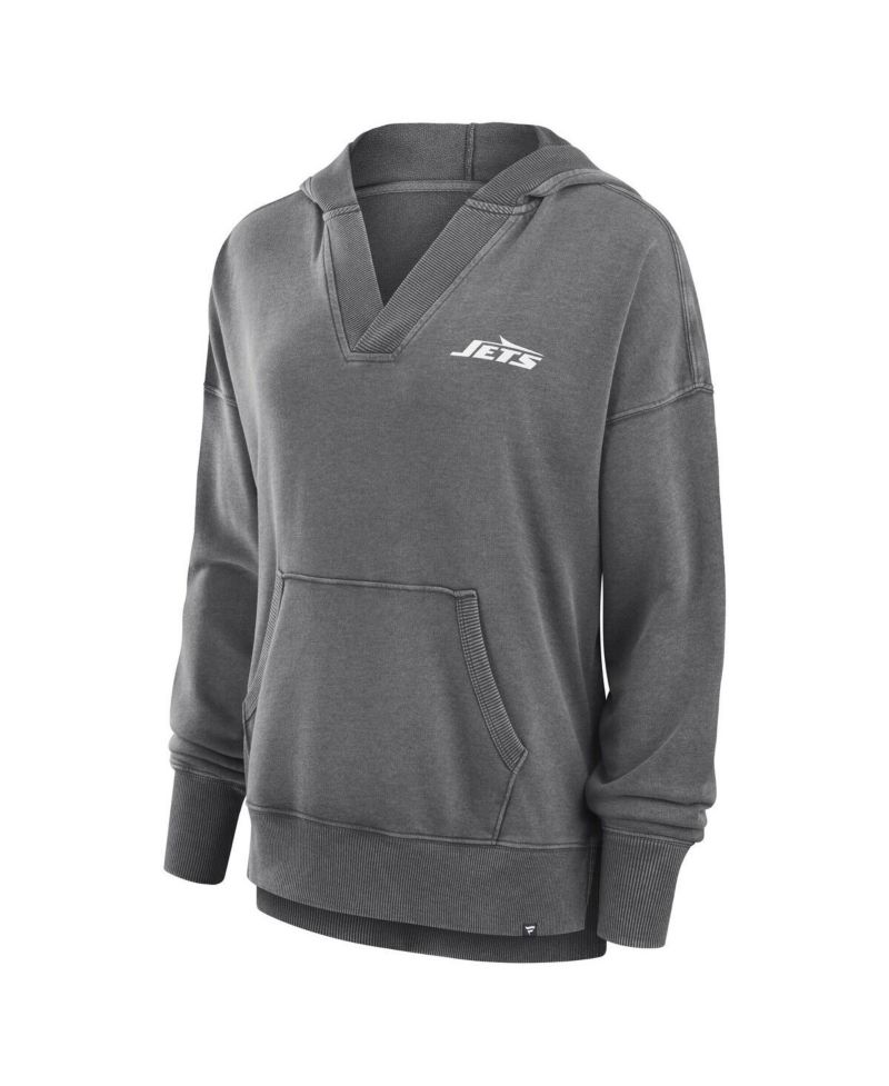 Women's Heather Charcoal New York Jets Initiative Snow Wash French Terry V-Neck Pullover Hoodie