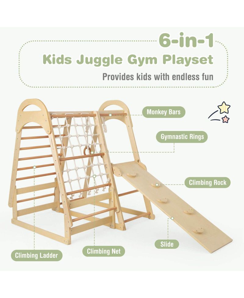 6-in-1 Wooden Kids Jungle Gym Playset with Slide