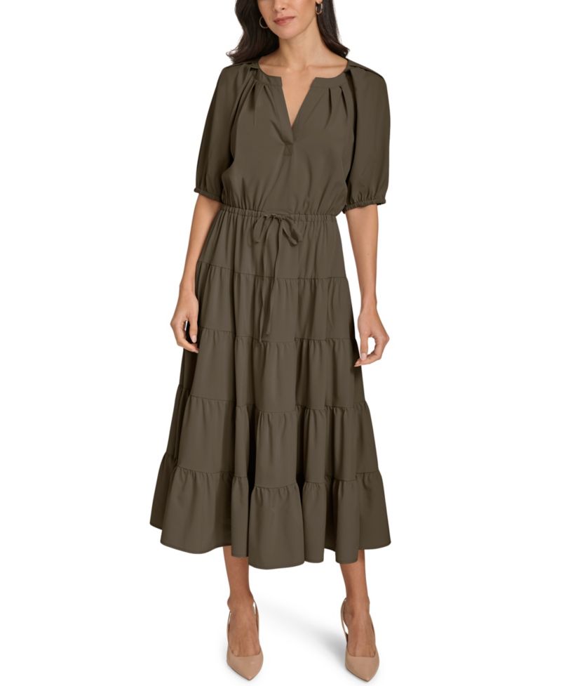 V-Neck Elastic Waistband Midi Dress