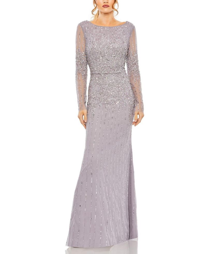 Women's High Neck Sequin Embellished Long Sleeve A Line Gown