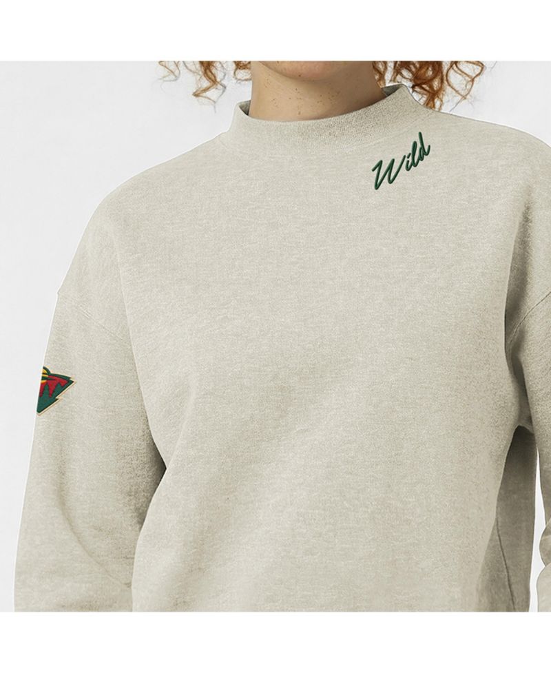 Women's Oatmeal Minnesota Wild Collar Script Triumph Fleece Crewneck Sweatshirt