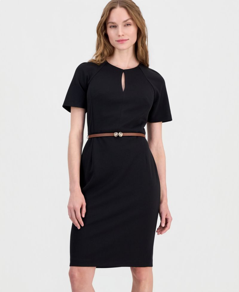 Women's Belted Scuba Crepe Sheath Dress