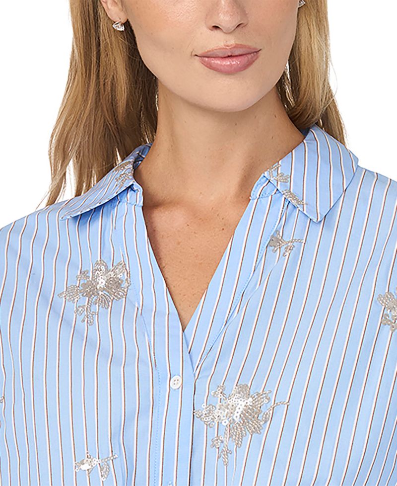 Women's Sequin Motif Balloon 3/4-Sleeve Tie-Hem Button-Down Top