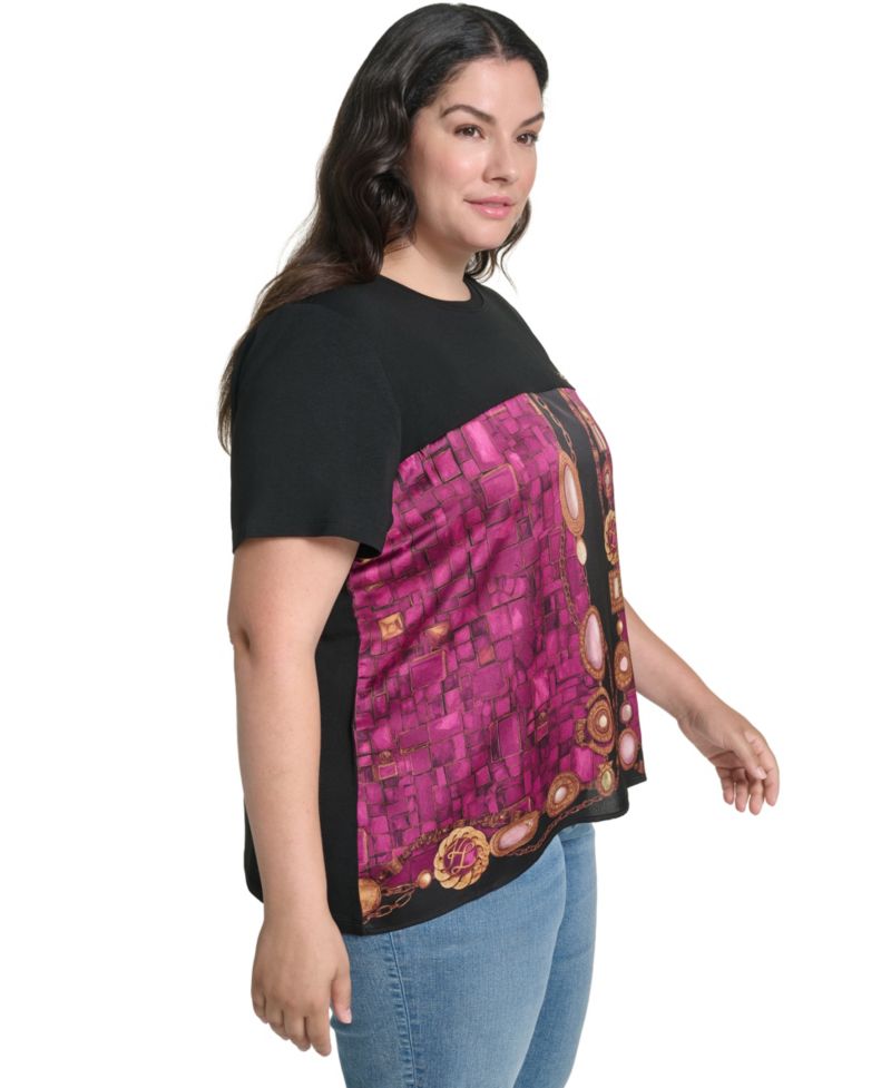 Plus Size Gemstone Knit Placed-Print Crewneck Blouse