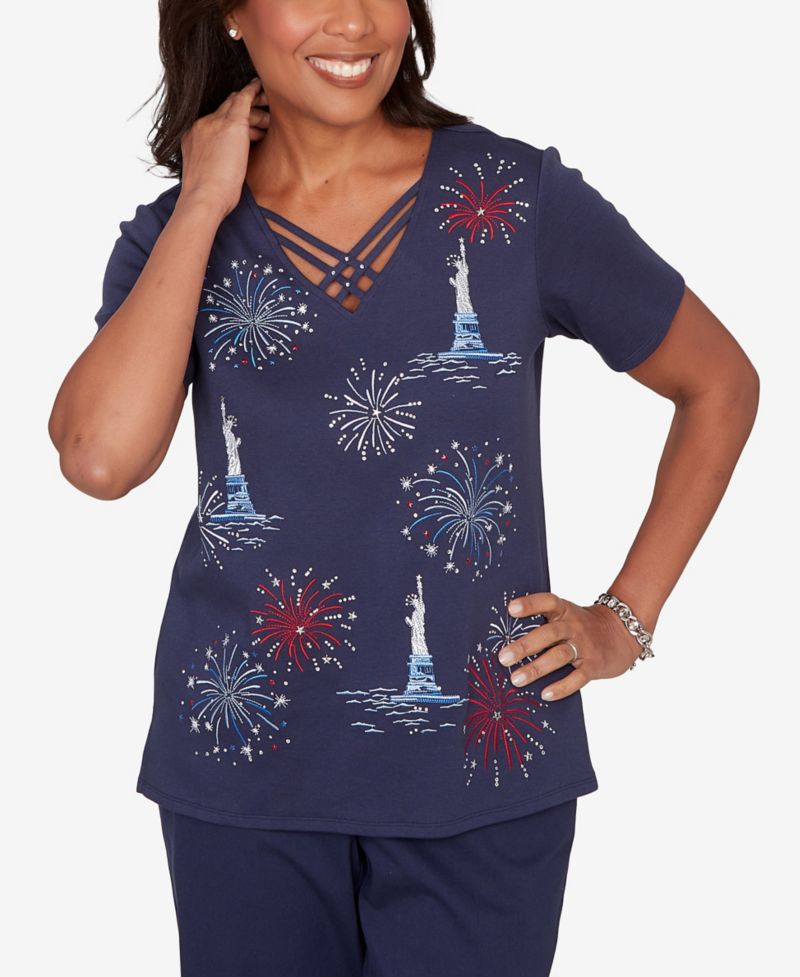 Petite Lady Liberty Statue of Liberty Fireworks V-Neck T-Shirt