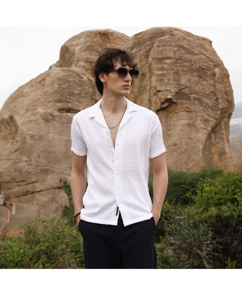 Men's Chalk White Self-Design Block Shirt