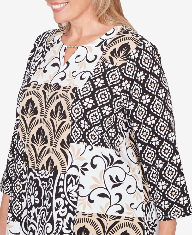 Plus Size Classic Geometric Scroll Patchwork Split Neck Top