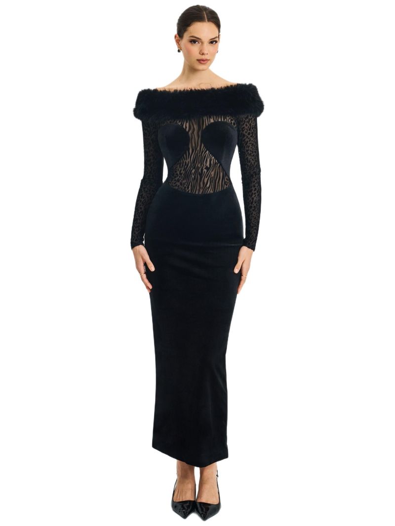 Women's Alexis Black Animal Print Faux Fur Boatneck Maxi Dress