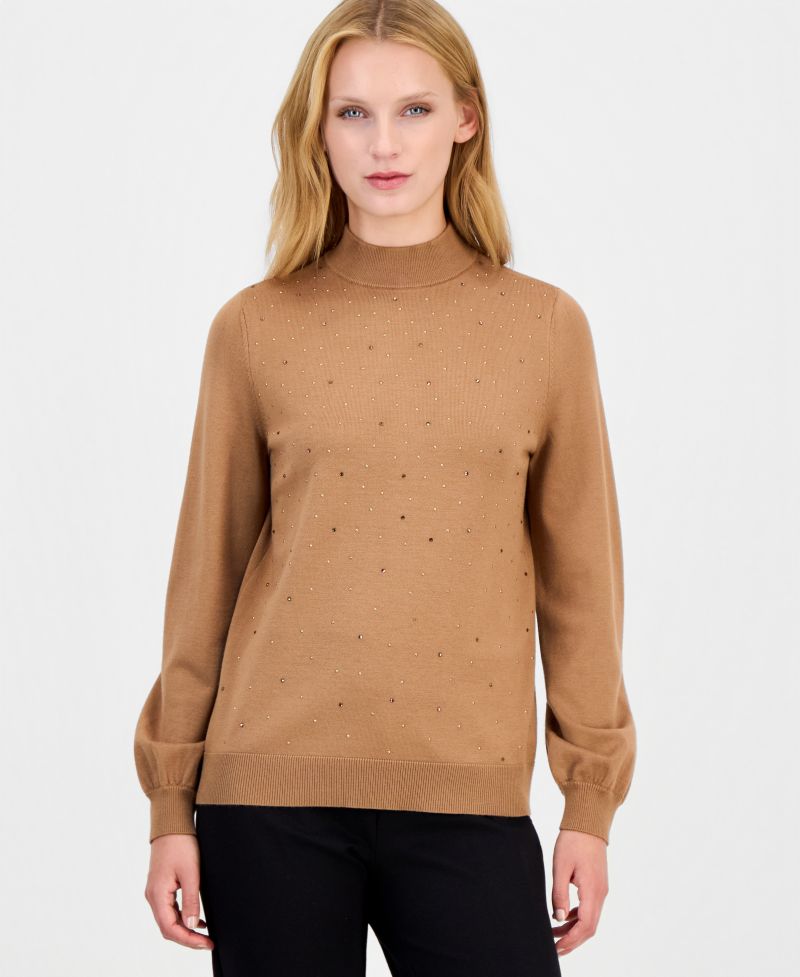 Women's Mock Neck Puff Sleeve Embellished Sweater