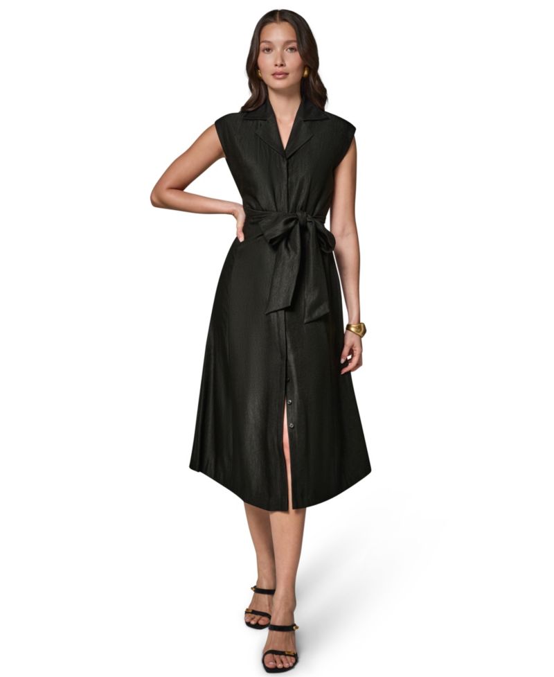 Women's Cap-Sleeve Collared with Self-Tie Belt Shirt Dress