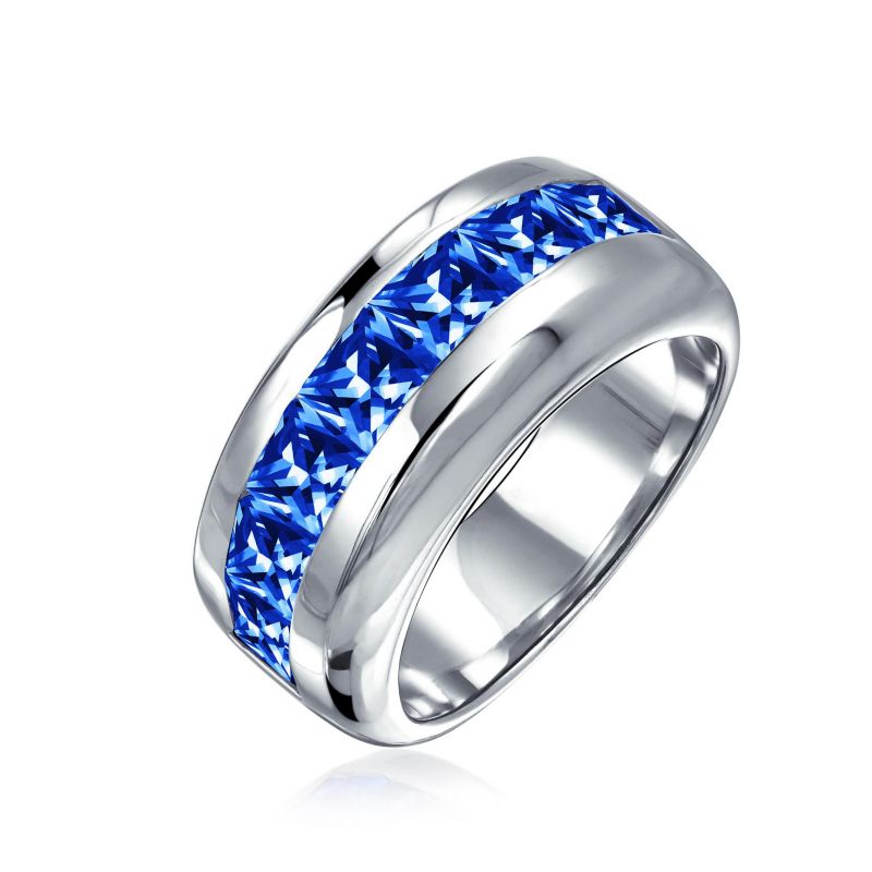 Channel Set Sapphire Blue CZ Cubic Zirconia Square Invisible Cut Wedding Band Ring Sterling Silver 9MM