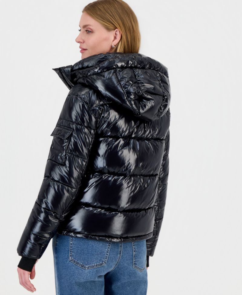 Women's Ella Hooded Thumbhole-Cuff Shine Puffer Coat