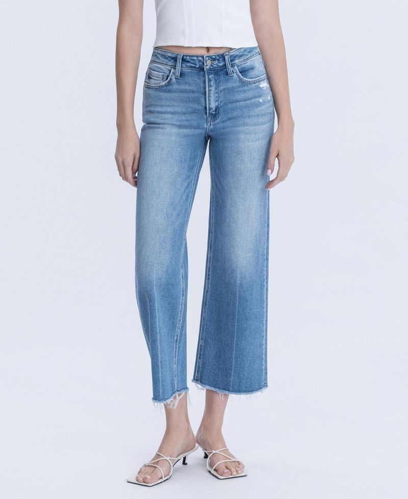 Women's High Rise Raw Hem Crop Slim Wide Leg Jeans