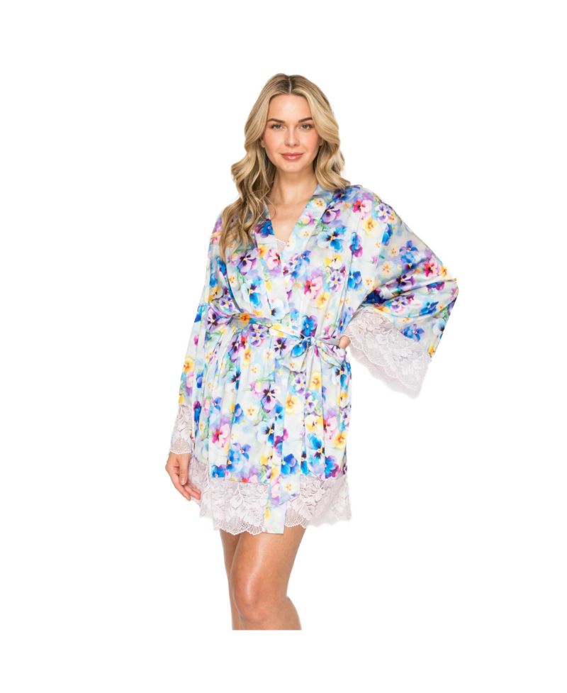 Women's Satin Sparkle-Lace Floral Wrap Robe