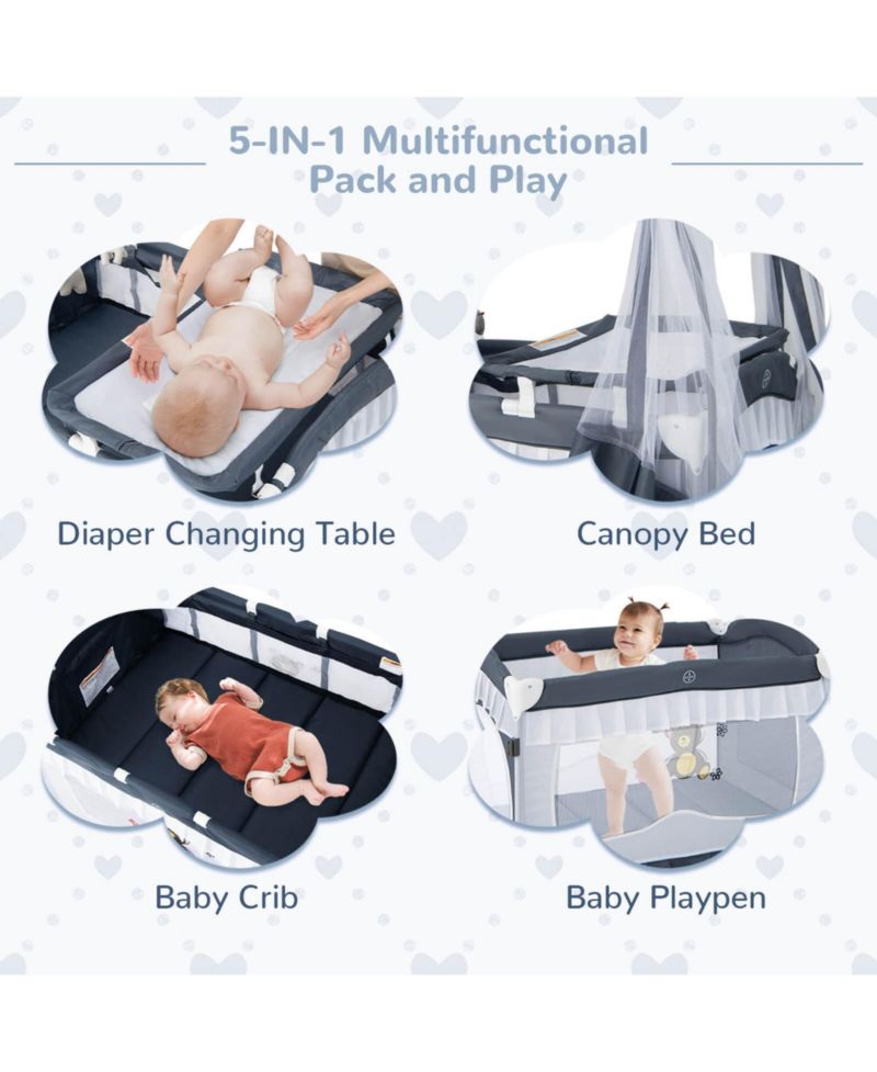 4 in 1 Portable Baby Playard Crib Bassinet Bed Changing Table Canopy
