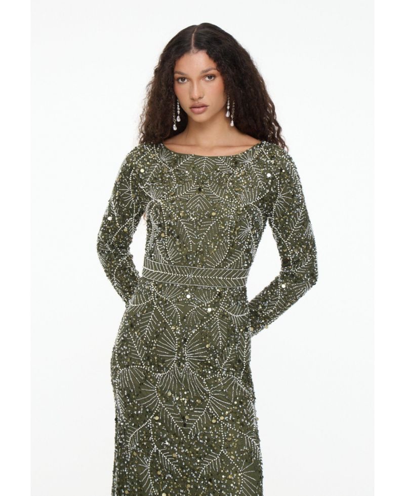 Women's Modest Embellished Sequin Beaded Dress Maxi With Trail