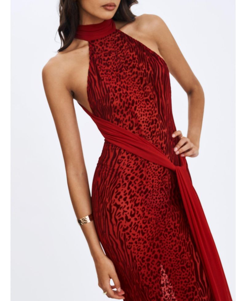 Women's Cerise Scarlet Burnout Velvet Multiwear Mesh Ribbon Maxi Dress