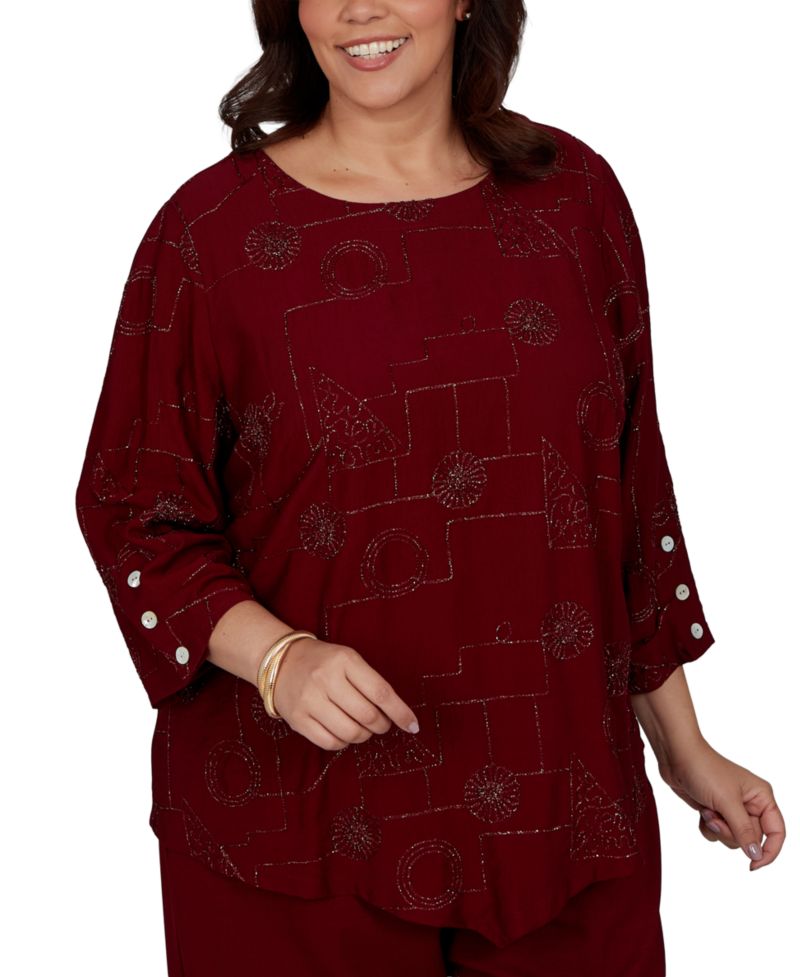 Plus Size Union Square 3/4-Sleeve Floral Soutache Detailing Blouse