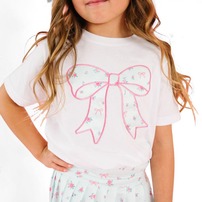 Big Girls Sky Blue Floral Bow Patch Short Sleeve T-Shirt