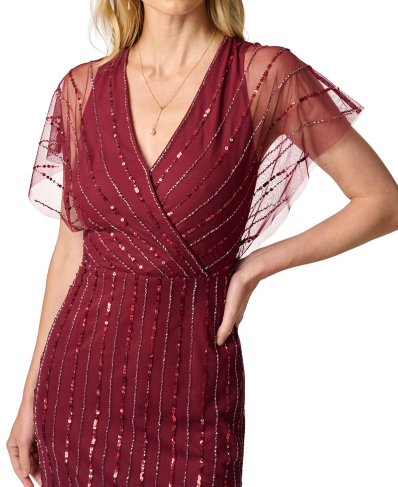 Women's Surplice Flutter-Sleeve Sequin Dress