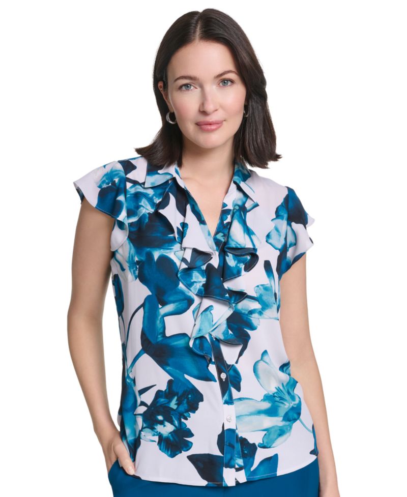 Women's Ruffle Front Floral Collared Blouse
