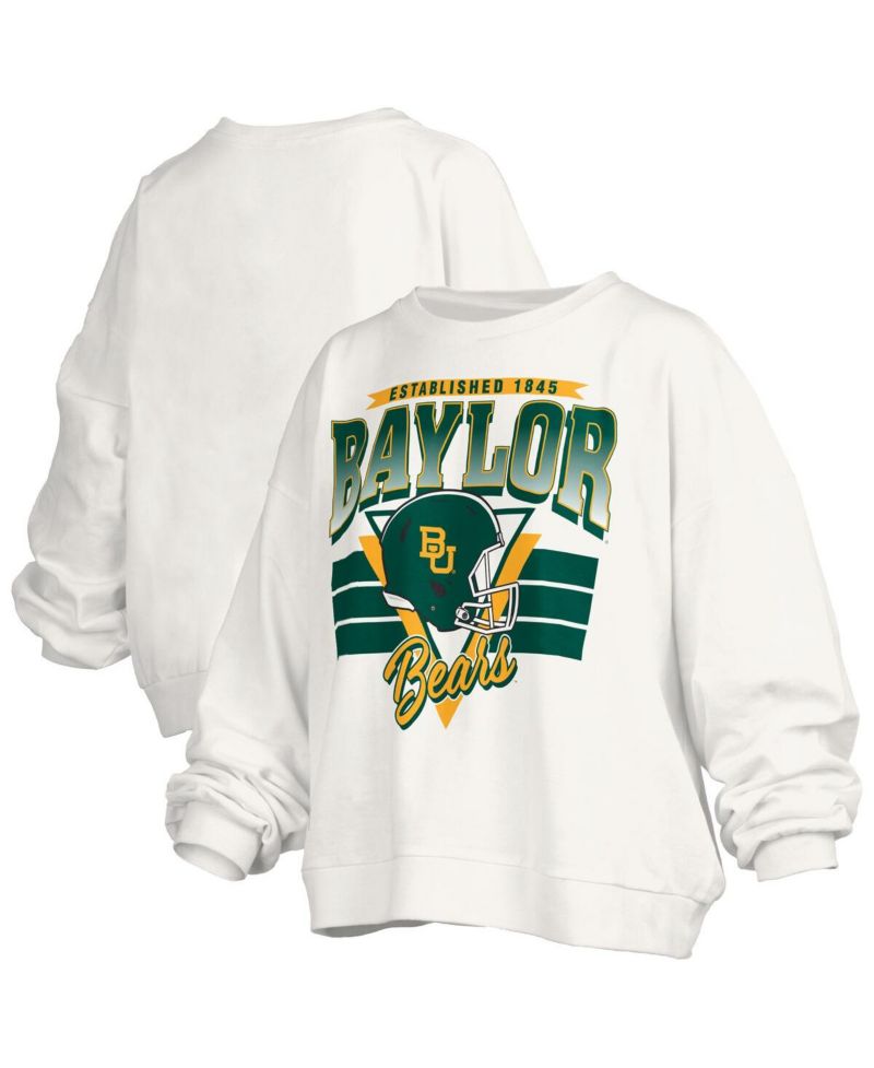 Women's White Baylor Bears Oversized Janice Retro Waist-Length Pullover Sweatshirt
