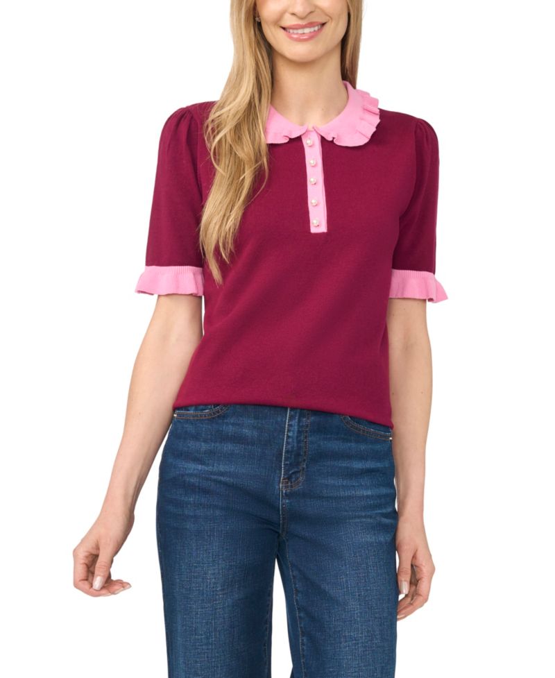 Women's Cotton Ruffle-Collar Short-Sleeve Top