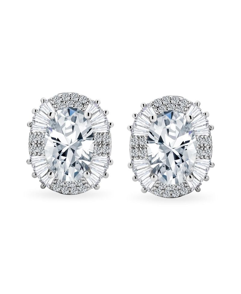 Art Deco Style Oval Baguette Halo CZ Cocktail Stud Clip On Earrings