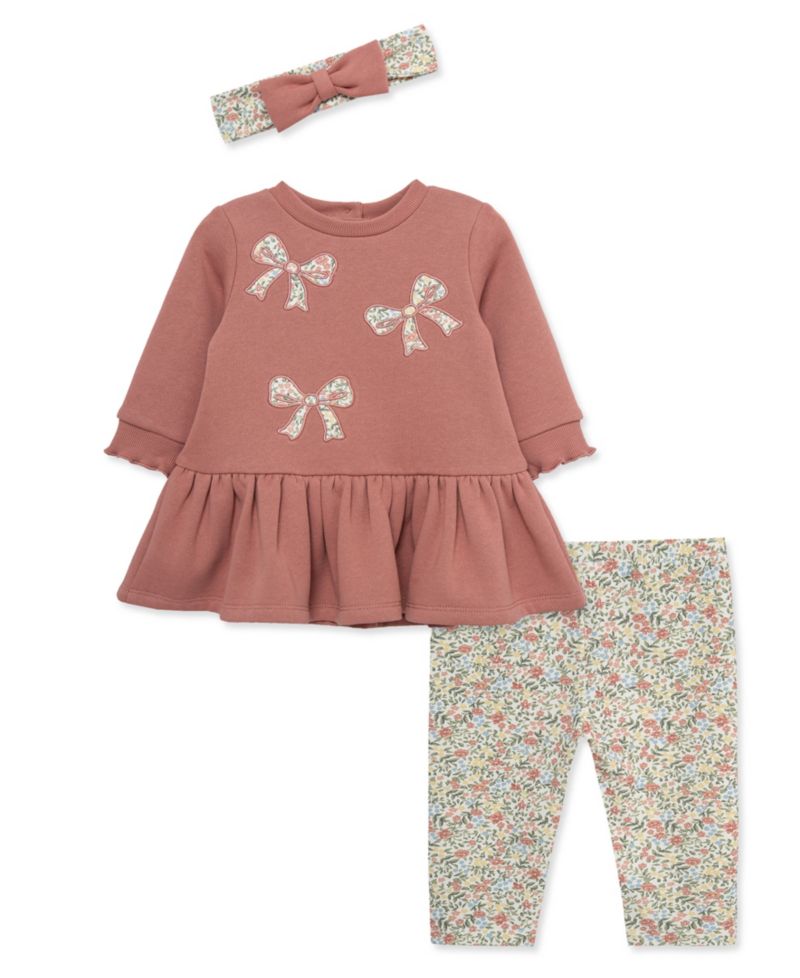 Baby Girls' Embroidered Bow Sweatshirt Dress, Floral Print Pants and Headband, 3-Piece Set