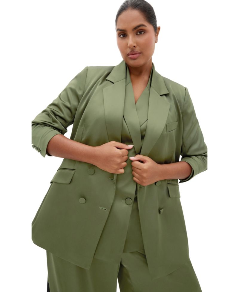 Plus Size Rylie Double-Breasted Satin Mid-Length Blazer